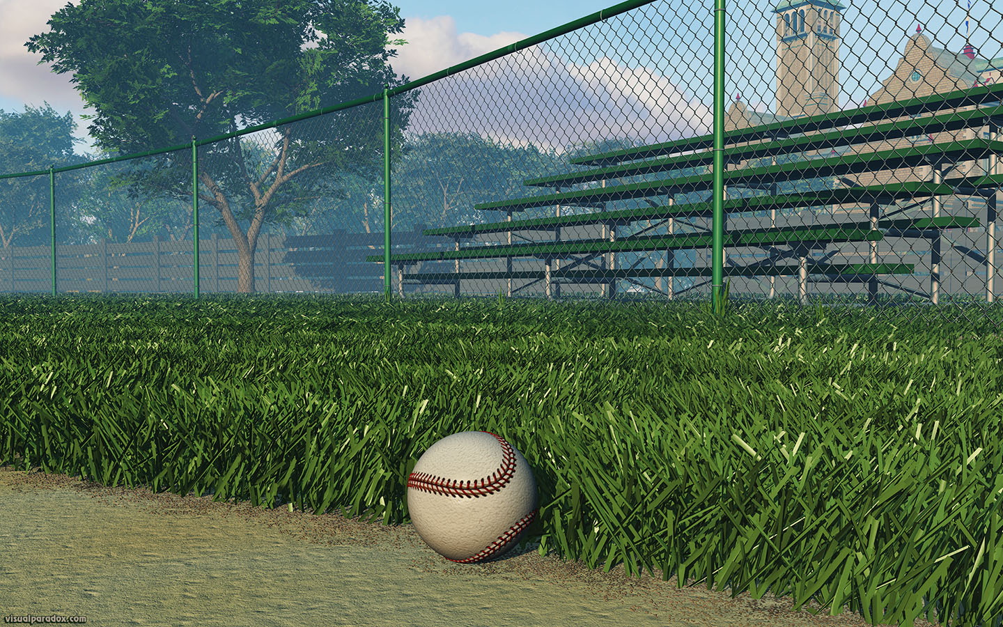 athletics, ball, base, baseball, bleachers, chain, chain-link, chainlink, clouds, diamond, dirt, empty, exercise, fence, field, first, foul, game, green, hardball, health, healthy, hit, infield, park, play, recreation, sandlot, seasonal, sky, sport, sports, stands, summer, sunny, tan, team, trees, white, woods, 3d, wallpaper, widescreen