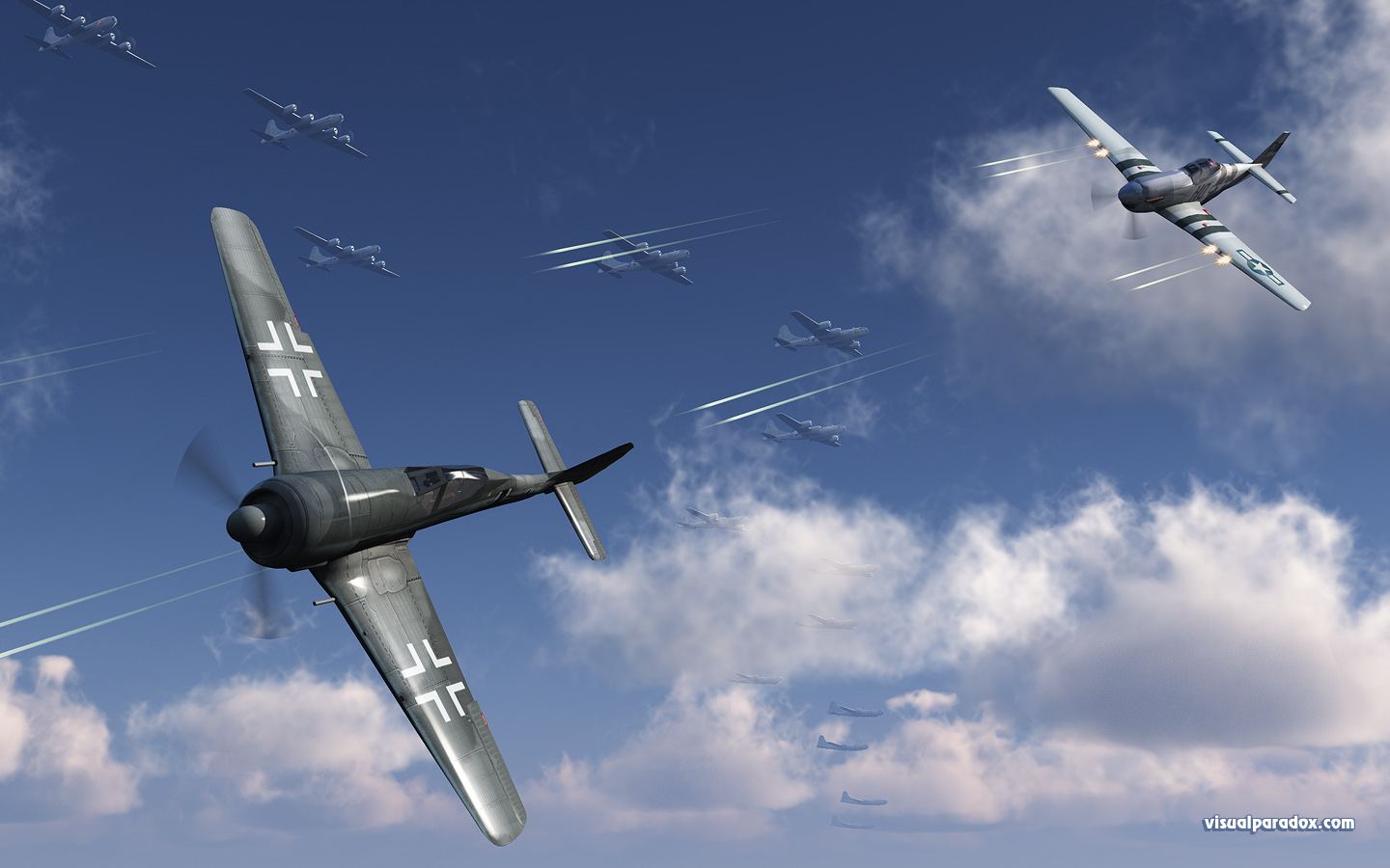 air, plane, fight, aerial, combat, mustang, p51, p51d, fw190a, tracers, shot, shoot, fire, b-29, b29, ww2, wwII, world war 2, 3d, wallpaper, widescreen