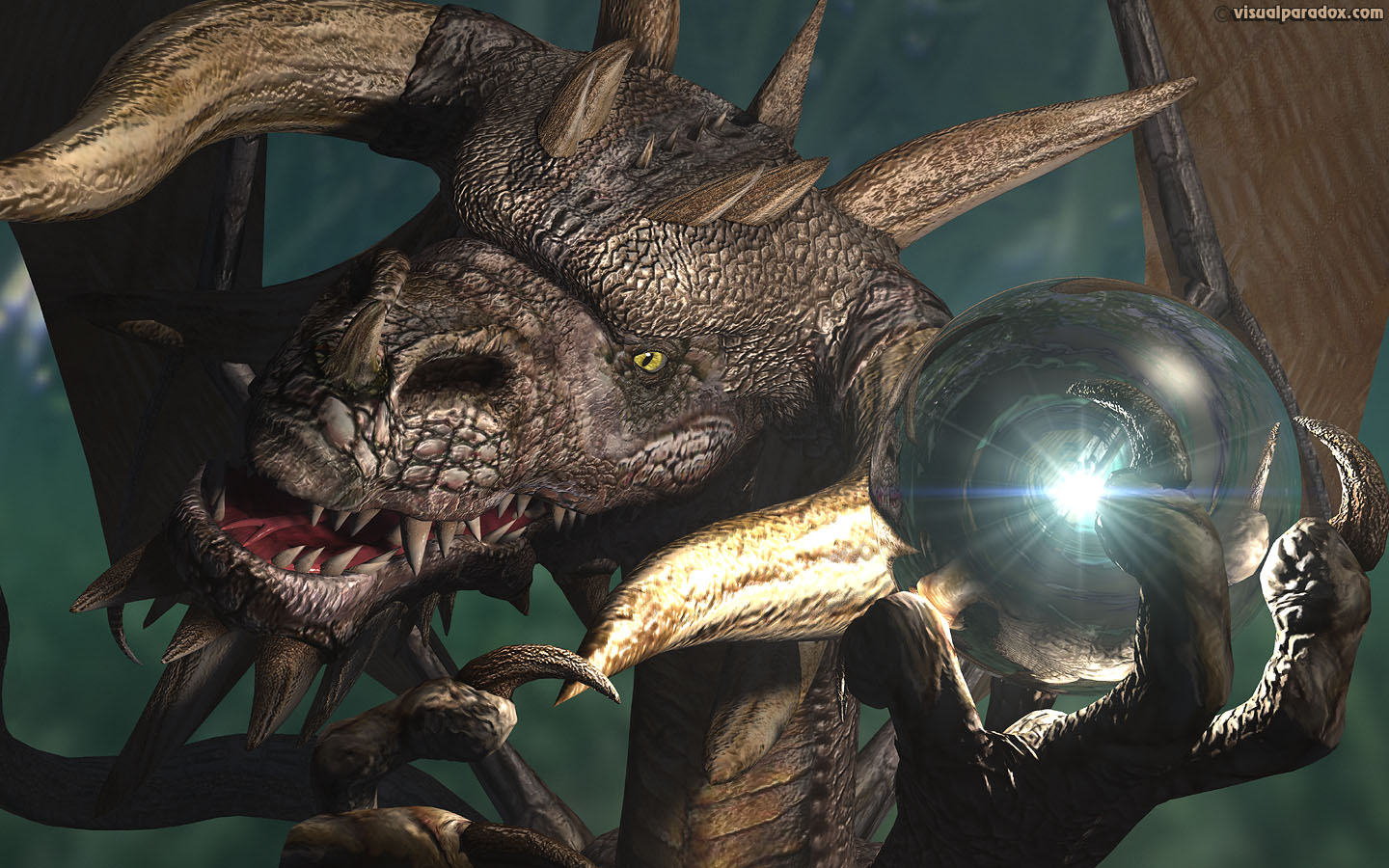 crystal ball, dragon, treasure, horns, horned, orb, sphere, ball, 3d, wallpaper, widescreen