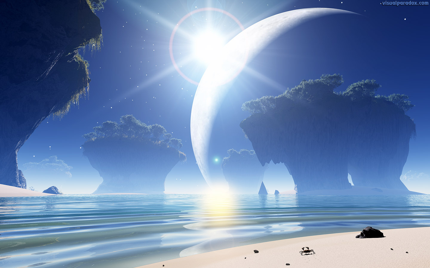 crab, alien, moon, ocean, sea, waves, erosion, star, shine, lens flare, 3d, wallpaper, widescreen