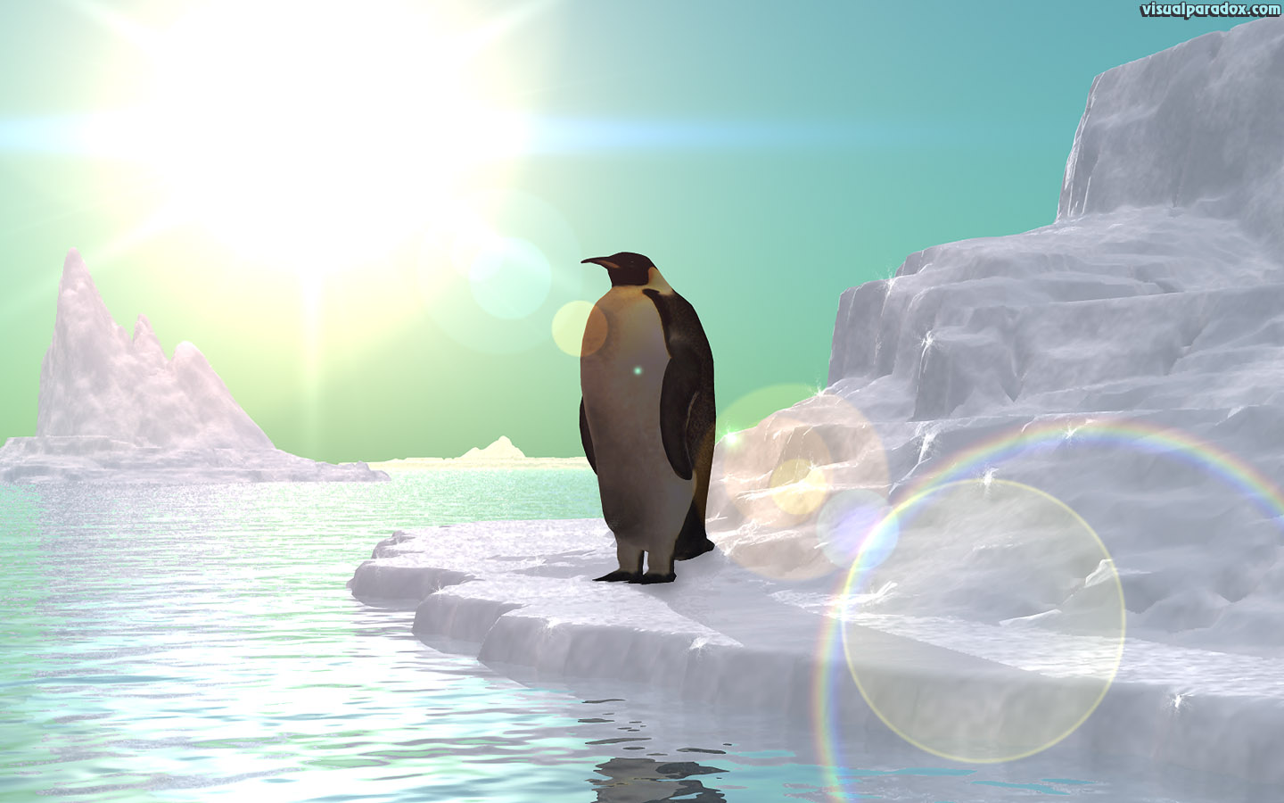 isolation, penguin, frozen, arctic, Antarctica, iceberg, Linux, emperor, sun, ice, flow, pack , 3d, wallpaper, widescreen