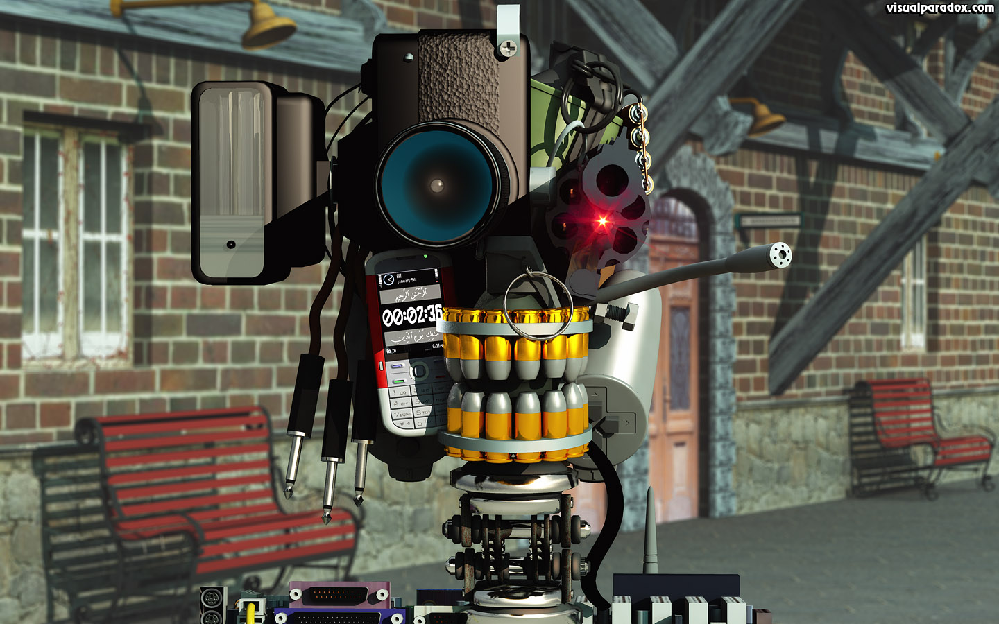 robot, terrorist, insurgent, ird, ied, explosive, skeleton, Geoff Peterson, android, droid, electronic, bomb, bot, attack, transformer, battlebot, terminator, 3d, wallpaper, widescreen