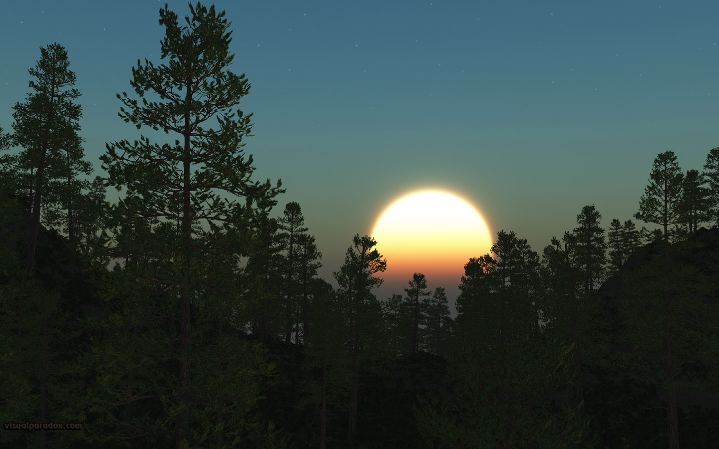 pine, sun, rise, set, trees, forest, woods, tree, scot, pines, stars, 3d, wallpaper, widescreen