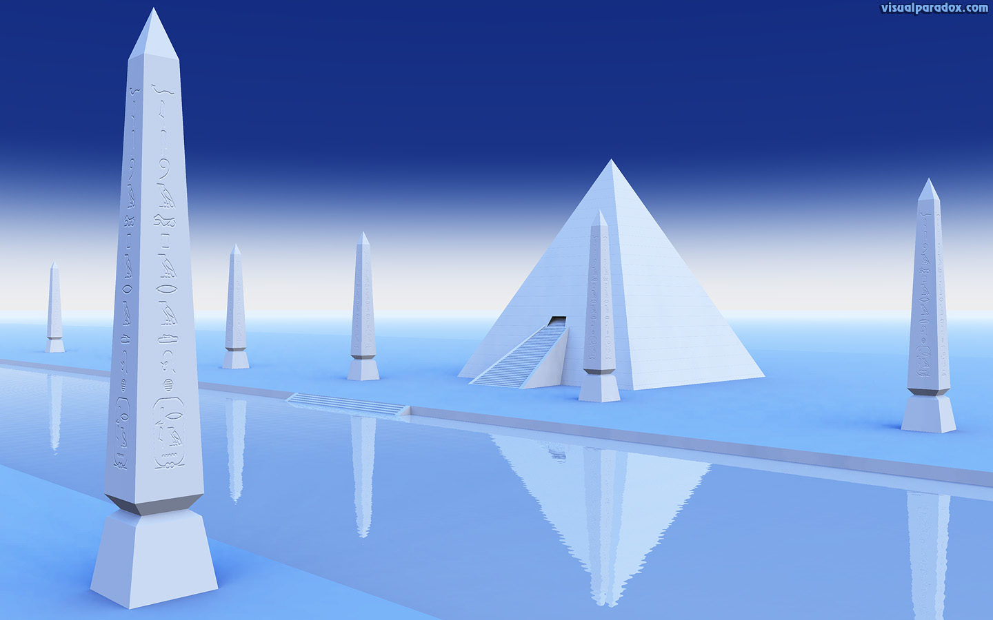 pyramid, river, Styx, Egyptian, hieroglyphics, white, blue, 3d, wallpaper, widescreen