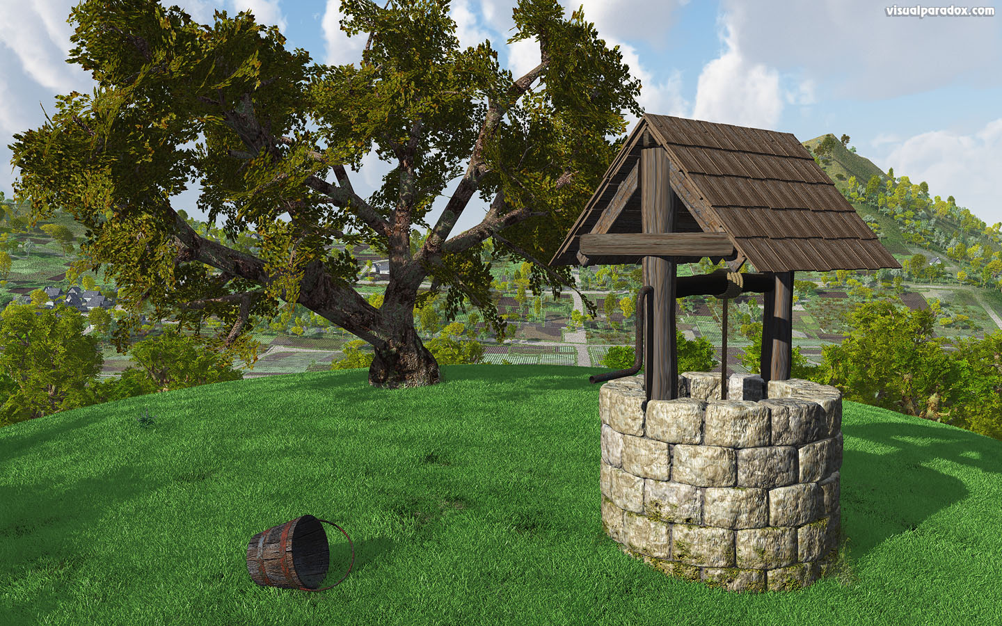 water, well, hole, village, source, bucket, jack and jlll, gnarled tree, grass, hill, idealic, crank, sunny, day, 3d, wallpaper, widescreen
