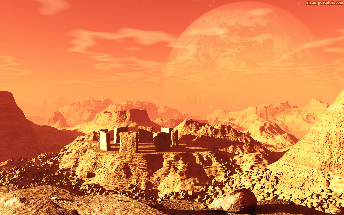 planet, space, stone, henge, monolith, alien, sky, mars, mercury, science fiction, 3d, wallpaper, widescreen