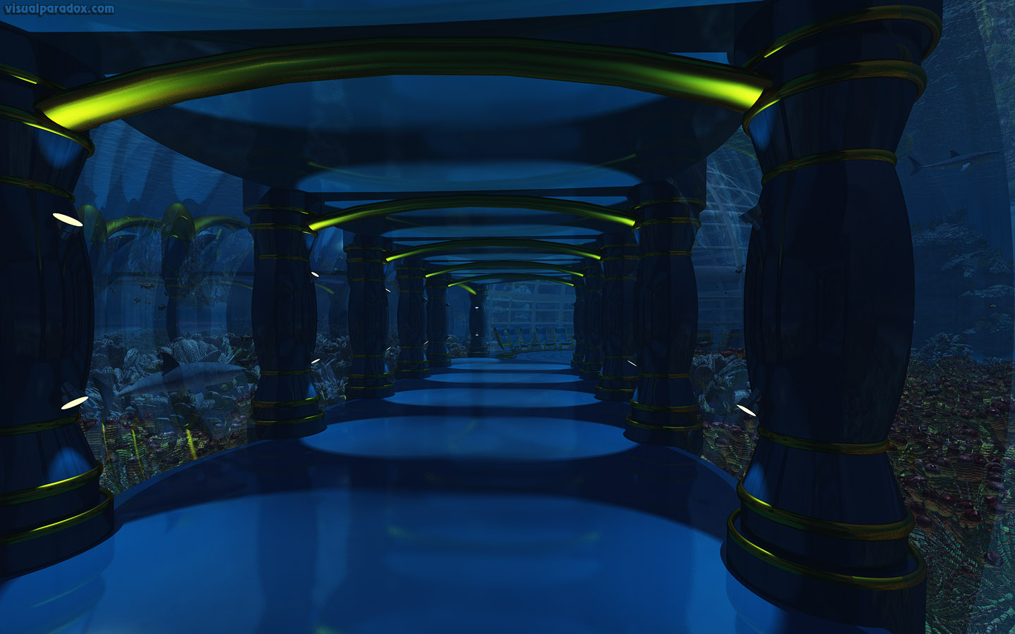 Under, water, sea, ocean, bottom, castle, hall, dome, sharks, coral, fish, habitat, 3d, wallpaper, widescreen