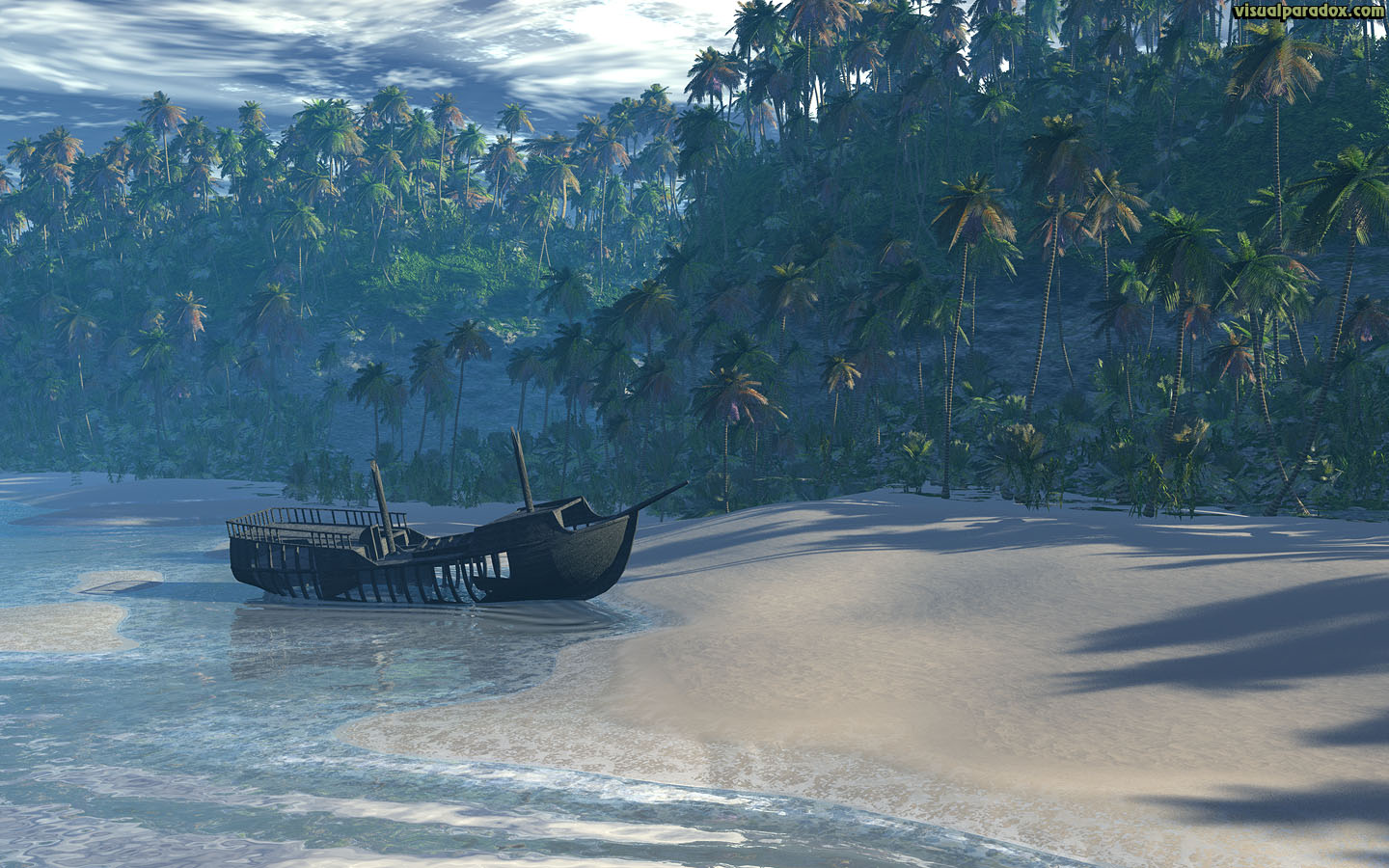 beach, boat, ocean, front, palm, trees, sea, waves, break, sand, ship, lost, marooned, castaway, cliff, tropical, 3d, wallpaper, widescreen