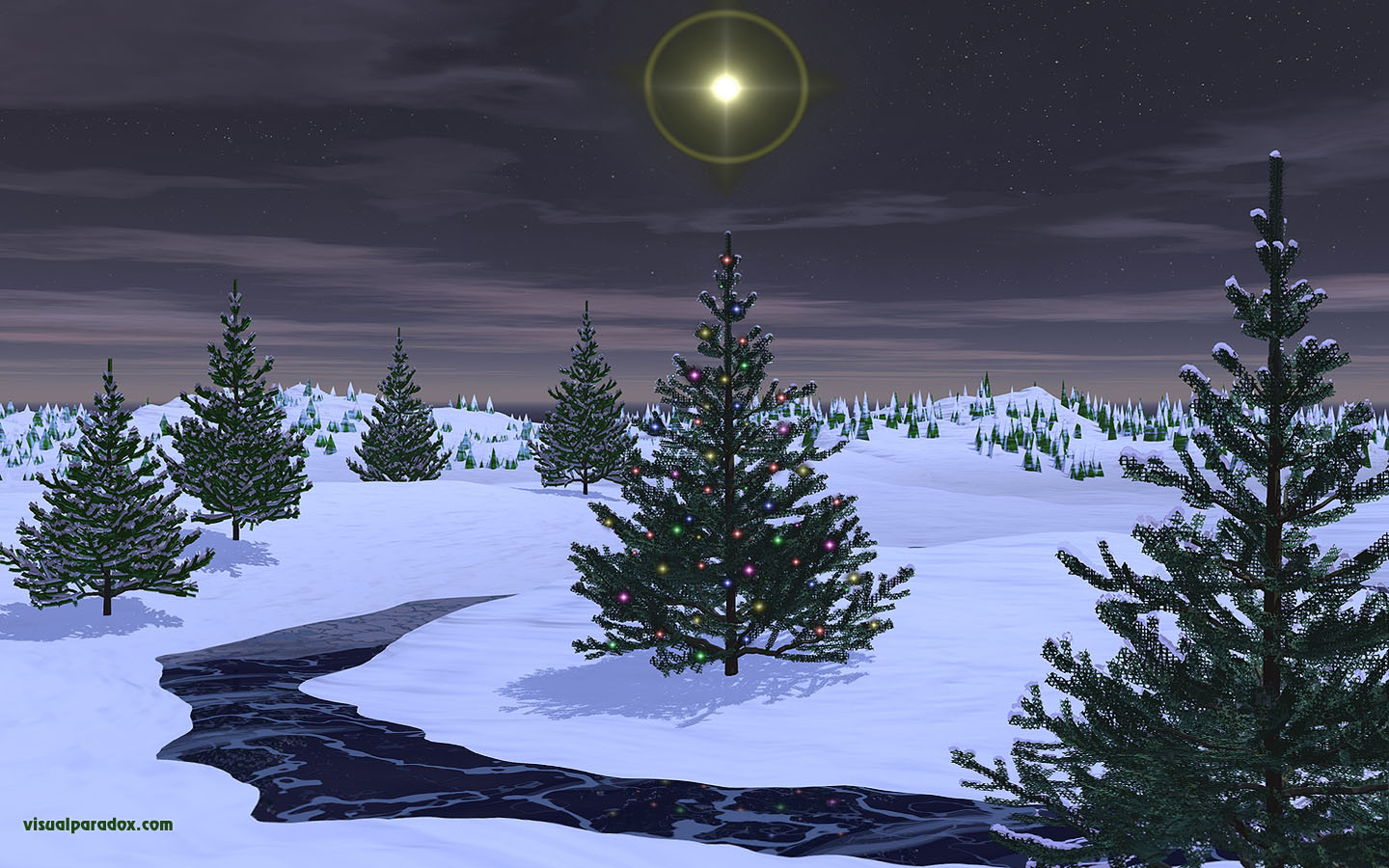 holiday, christmas, x-mas, stars, lights, snow, stream, ice, frozen, pines, trees, tree, 3d, wallpaper, widescreen