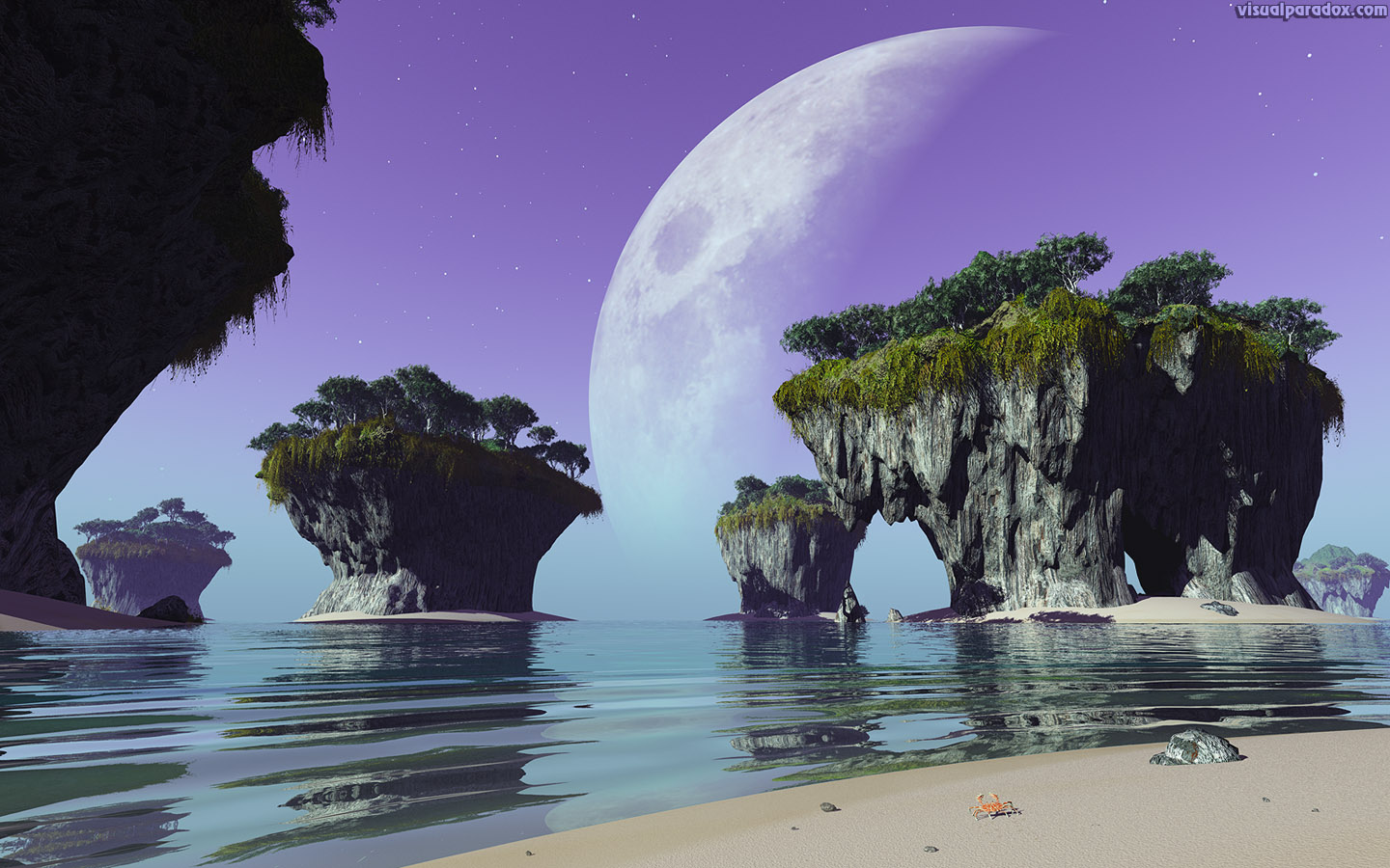 crab, alien, moon, ocean, sea, waves, erosion , 3d, wallpaper, widescreen