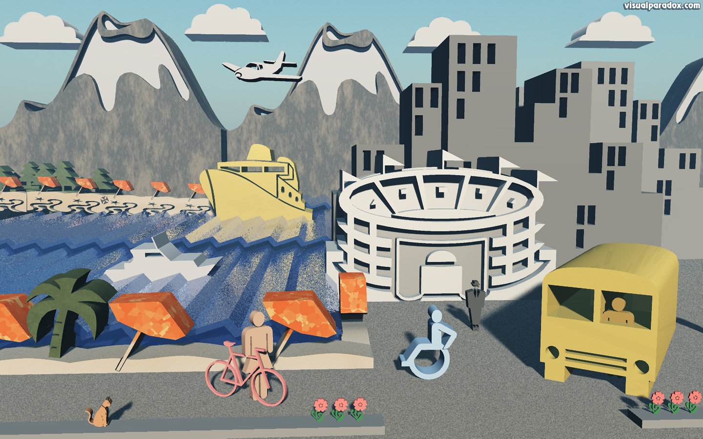 city, ocean, boats, stadium, harbor, beach, dingbats, webdings, wingdings, 3d, wallpaper, widescreen