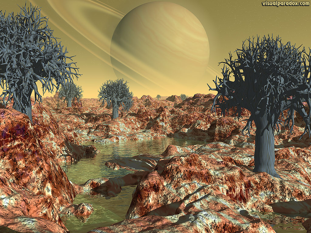 saturn, planet, moon, rings, sky, world, plant, life, mars, plants, horizon, 3d, wallpaper