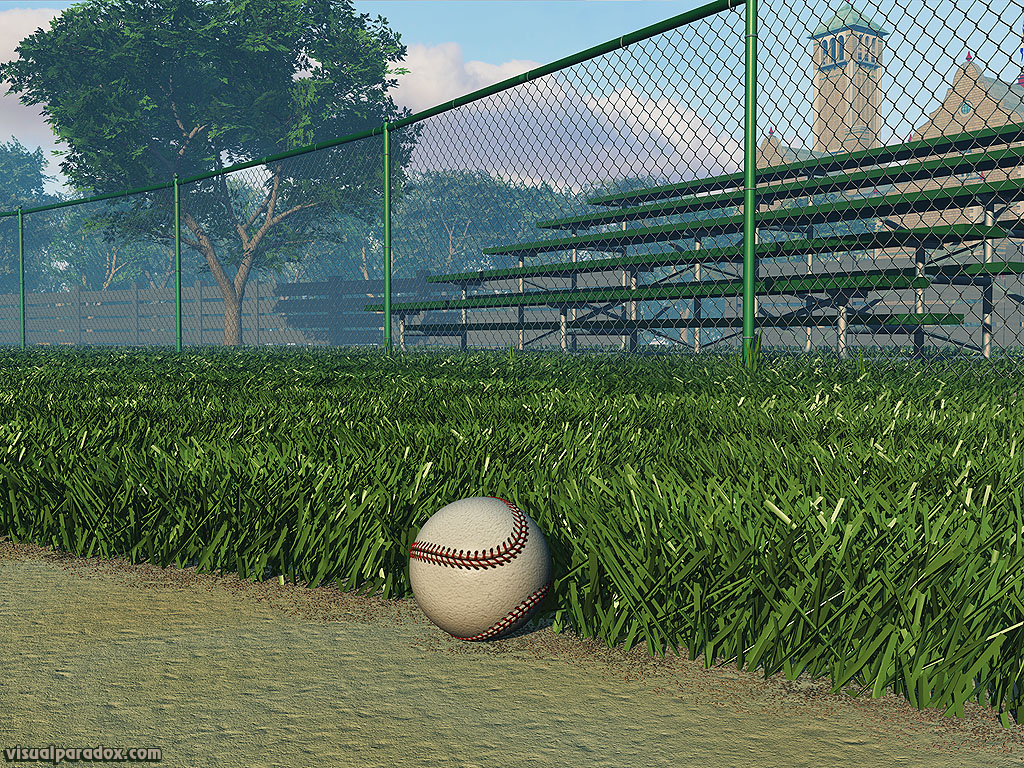 athletics, ball, base, baseball, bleachers, chain, chain-link, chainlink, clouds, diamond, dirt, empty, exercise, fence, field, first, foul, game, green, hardball, health, healthy, hit, infield, park, play, recreation, sandlot, seasonal, sky, sport, sports, stands, summer, sunny, tan, team, trees, white, woods, 3d, wallpaper