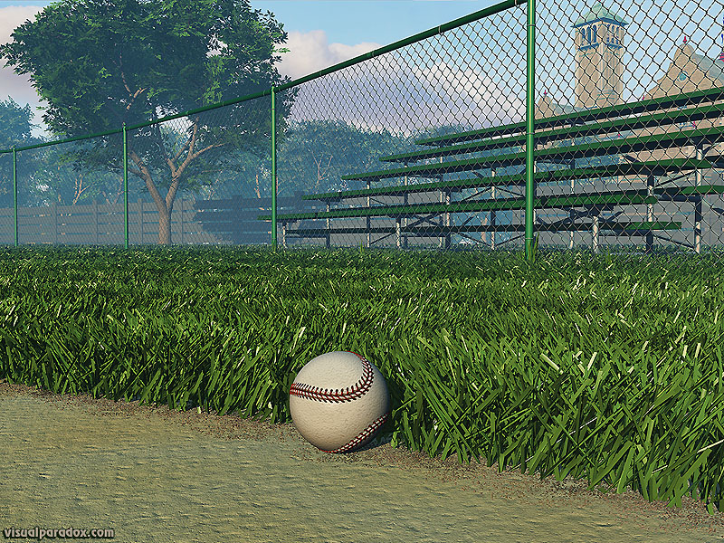 athletics, ball, base, baseball, bleachers, chain, chain-link, chainlink, clouds, diamond, dirt, empty, exercise, fence, field, first, foul, game, green, hardball, health, healthy, hit, infield, park, play, recreation, sandlot, seasonal, sky, sport, sports, stands, summer, sunny, tan, team, trees, white, woods, 3d, wallpaper