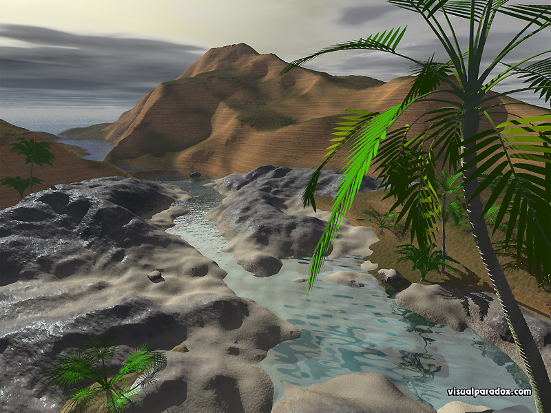 tropical, palm trees, river, inlet, ocean, sea, pool, ripples, 3d, wallpaper