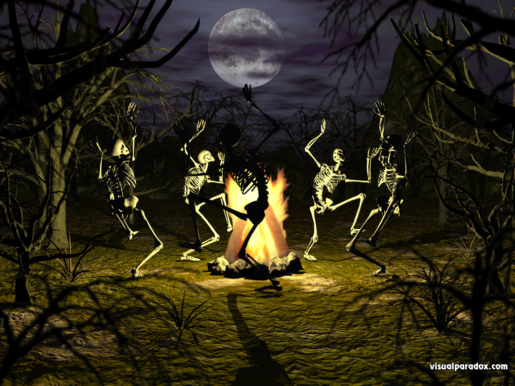 dancing, skeletons, campfire, coven, gothic, undead, conjuring, bones, full moon, trees, scary, haunted, halloween, skeleton, 3d, wallpaper