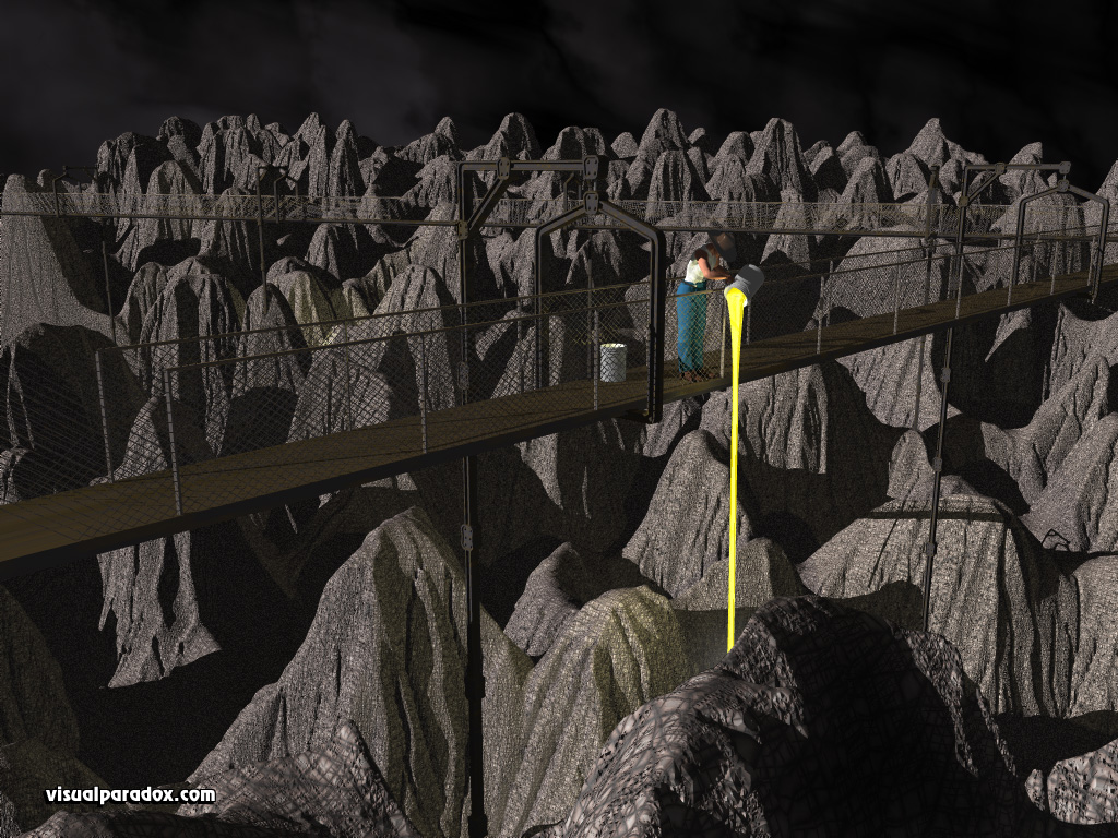 bridge, buckets, dumping, mountains, dark, waste, biohazard, radioactive, 3d, wallpaper
