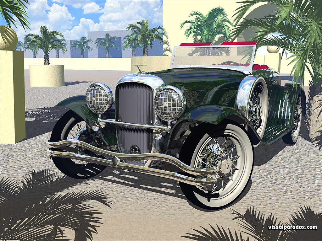 car, parked, palm trees, shiny, old, polished, cars, auto, automobile, autos, 3d, wallpaper
