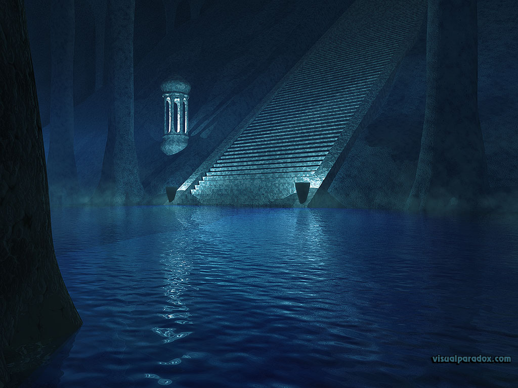 stairs, underground, columns, climb, cave, mysterious, mist, water, blue, stairway, 3d, wallpaper