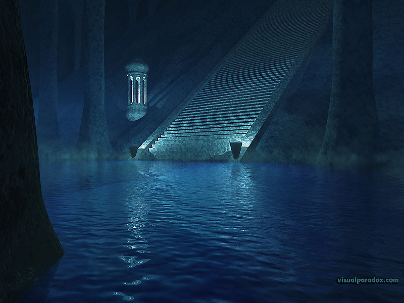 stairs, underground, columns, climb, cave, mysterious, mist, water, blue, stairway, 3d, wallpaper