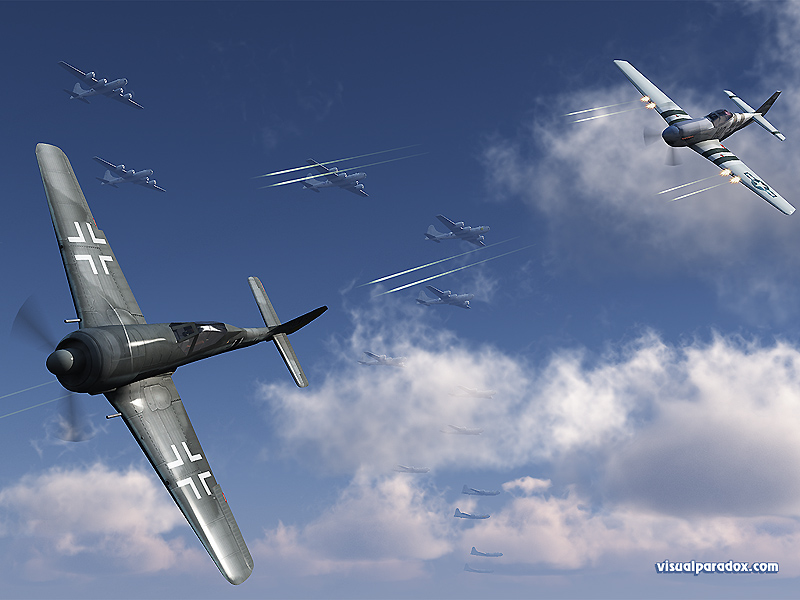 air, plane, fight, aerial, combat, mustang, p51, p51d, fw190a, tracers, shot, shoot, fire, b-29, b29, ww2, wwII, world war 2, 3d, wallpaper