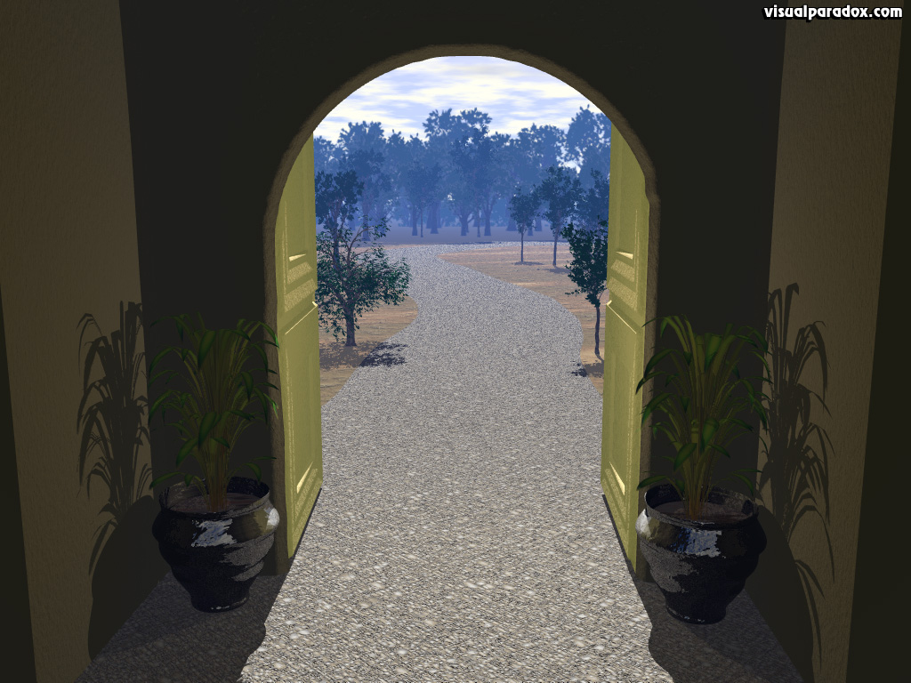 portal, passage, forest, path, road, exit, entry, woods, doors, door, 3d, wallpaper