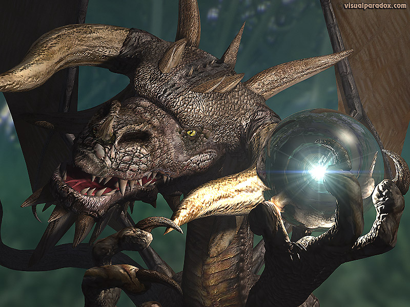 crystal ball, dragon, treasure, horns, horned, orb, sphere, ball, 3d, wallpaper