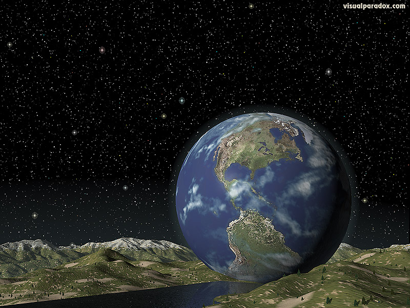 planet, space, globe, fiction, gravity, lake, stars, 3d, wallpaper