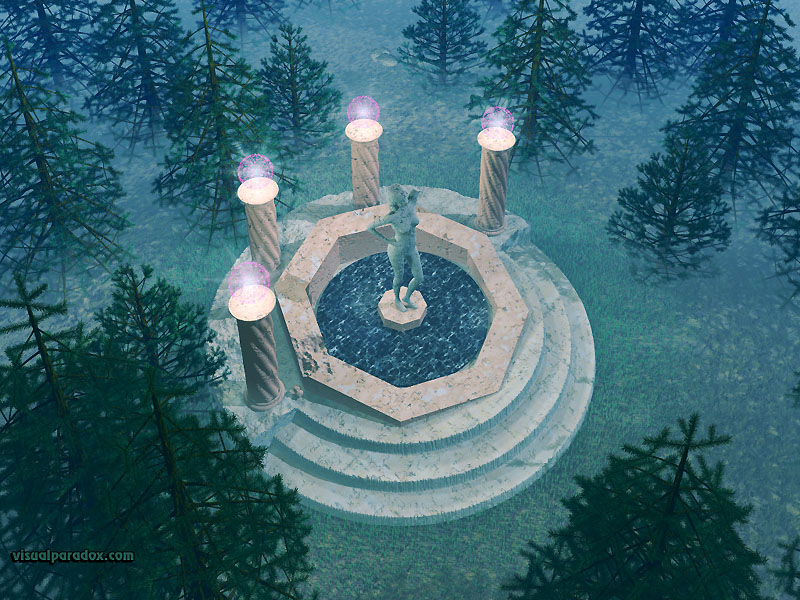 alter, statue, magic, forest, mystical, temple, columns, trees, woods, marble, 3d, wallpaper