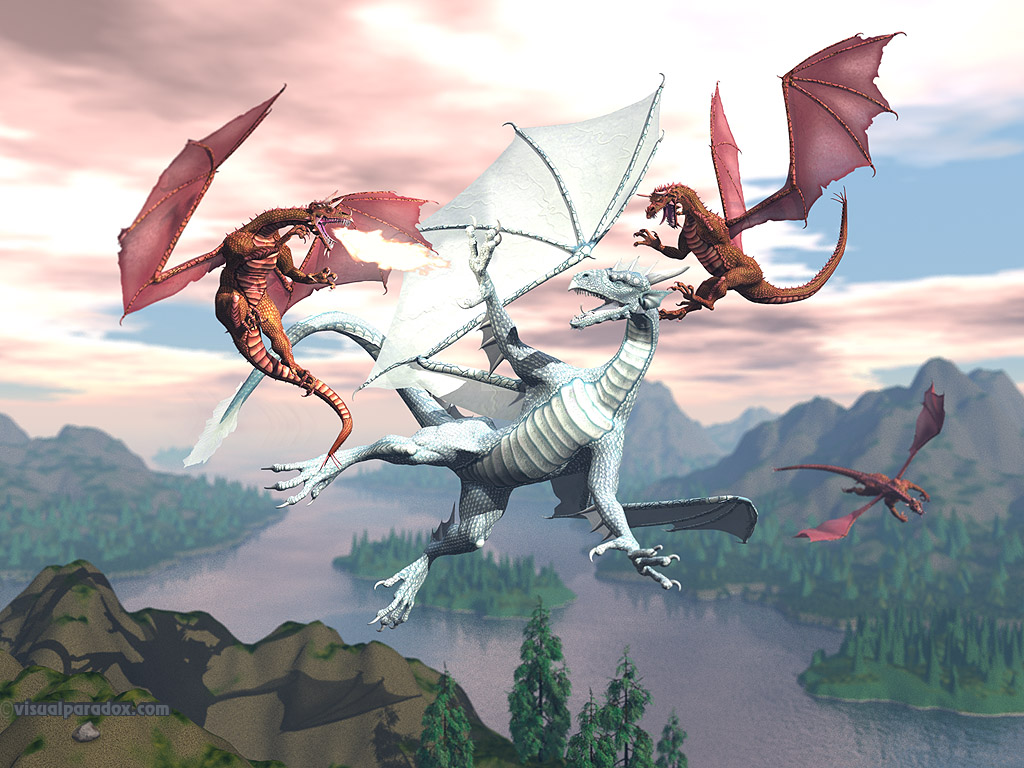 dragon, fight, attack,ambush, breath, blow,draco, frost, flame,dragons, red, blue, 3d, wallpaper