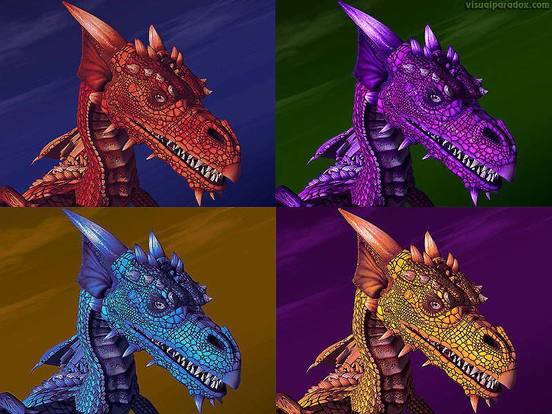 dragon, wyrm, mythical, monster, soar, closeup, detail, violet, purple, blue, red, yellow, fire, ice, warhol, dragons, 3d, wallpaper