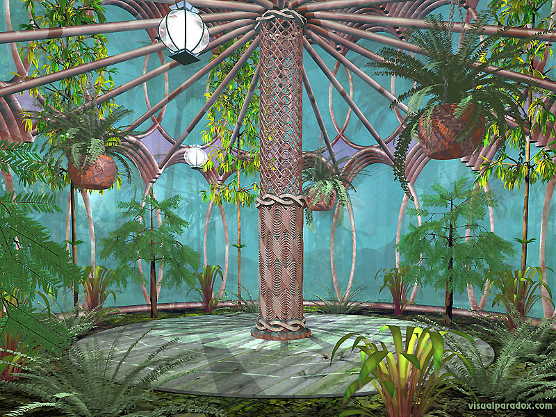 hothouse, plants, nature, glass, trees, column, house, interior, jungle, 3d, wallpaper