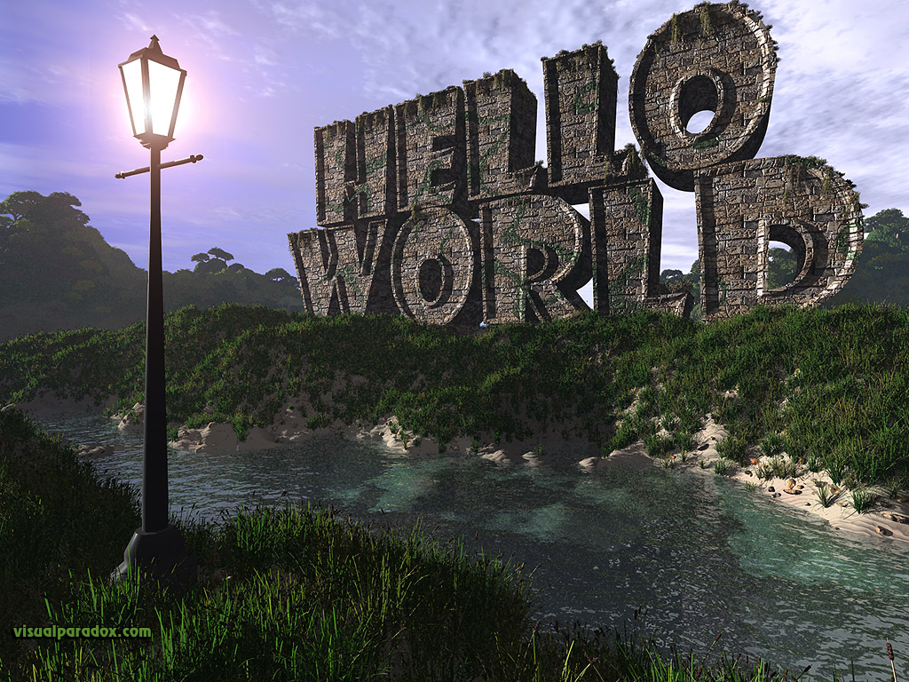 street, light, lamp, post, programming, script, river, grass, water, ruins, words, stream, creek, 3d, wallpaper
