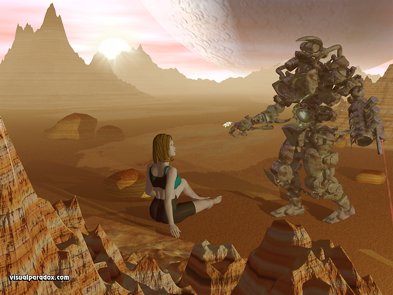 woman, girl, bikini, flower, love, war, robot, mech, moon, space, alien, mech, transformer, 3d, wallpaper