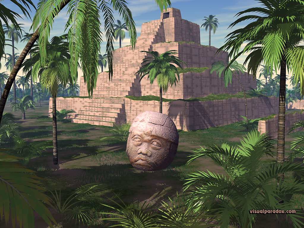 pyramid, tropical, palm, tree, stone, statue, Mayan, olmec, head, temple, 3d, wallpaper