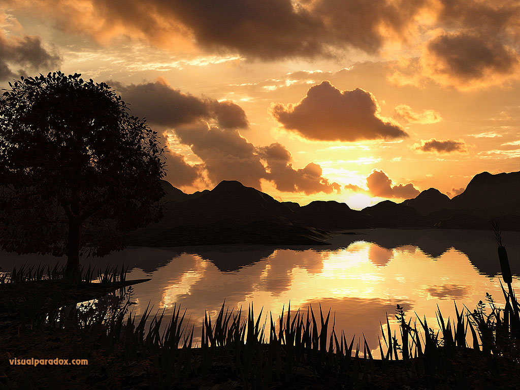 sunrise, shore, ripples, pond, reflecting, sun, 3d, wallpaper