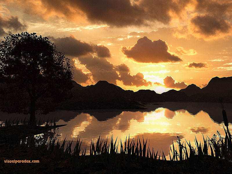 sunrise, shore, ripples, pond, reflecting, sun, 3d, wallpaper