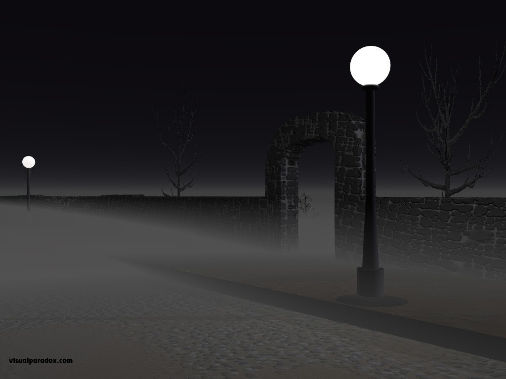 street, lights, fog, stone, wall, cobblestones, romantic, spooky, creepy, streelight, lamp, 3d, wallpaper