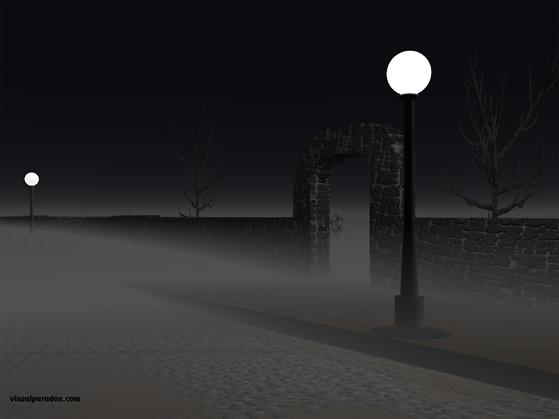 street, lights, fog, stone, wall, cobblestones, romantic, spooky, creepy, streelight, lamp, 3d, wallpaper