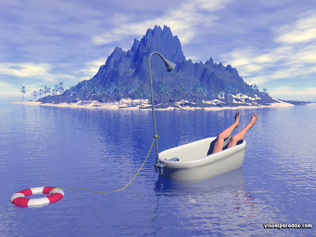shipwreck, marooned, desert, island, isle, bathtub, rescue, lifesaver, shower, ocean, islands, 3d, wallpaper