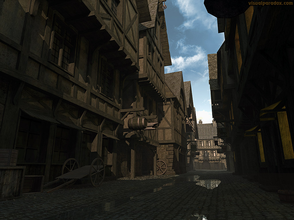 town, burg, city, hamlet, settlement, day, street, avenue, lane, alley, cobblestone, middle ages, dark, morning, 3d, wallpaper