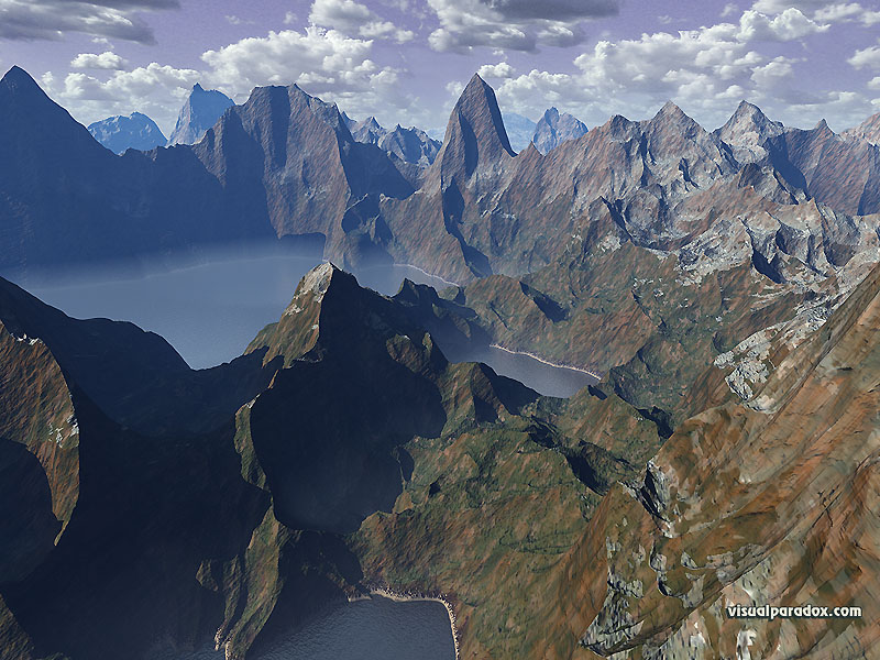 lake, canyon, water, clouds, fog, serene, peaks, mountains, steep, 3d, wallpaper