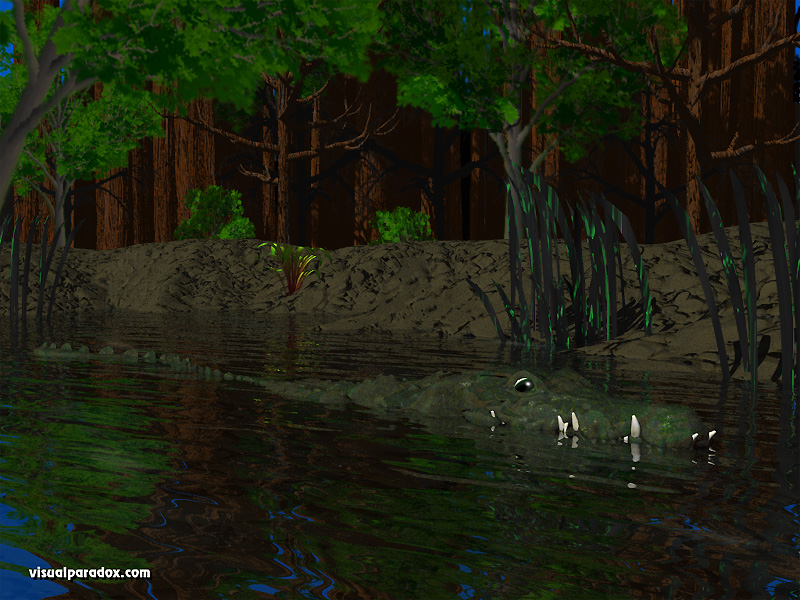 alligator, crocodile, pond, river, lake, swamp, forest, swimming, water, crocodiles, animal, animals, 3d, wallpaper