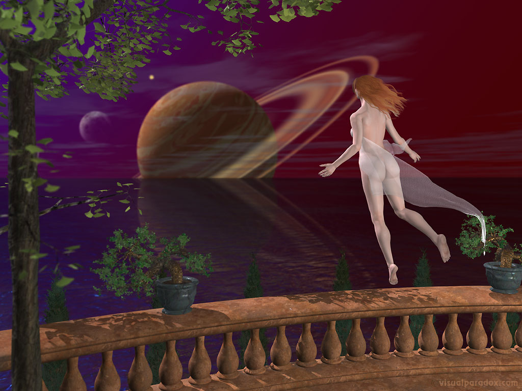 planets, space, ocean, woman, girl, balcony, saturn, horizon, tree, nude, planet, 3d, wallpaper