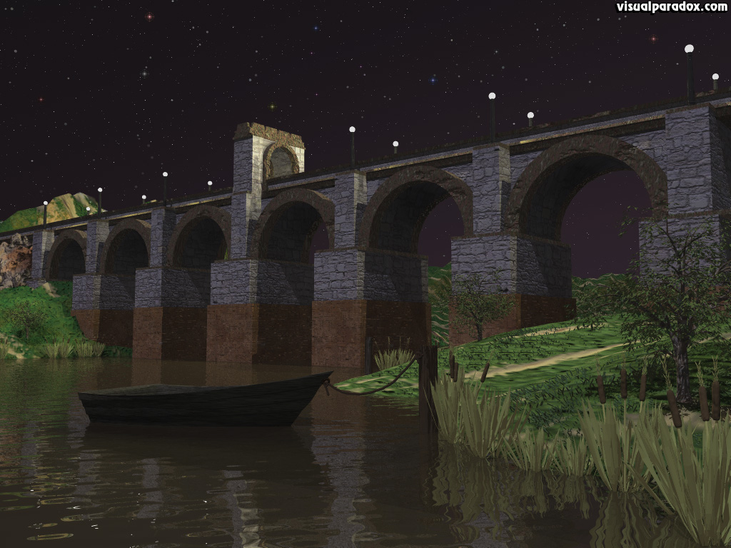crossing, river, vines, stone, leaves, span, dingy, row boat, bridges, 3d, wallpaper