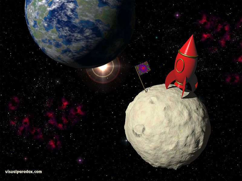 space, moon, planet, rocket, landing, flag, cartoon, stars, ship, 3d, wallpaper