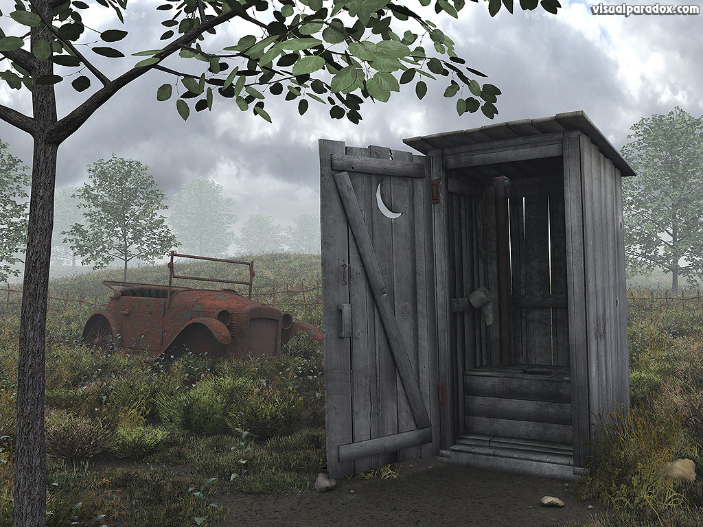 out house privy water closet crapper building john holer toilet can dunny biffy kybo thunderbox old car rust storm cloud, 3d, wallpaper