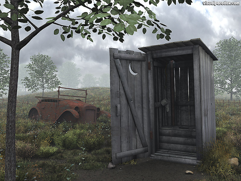 out house privy water closet crapper building john holer toilet can dunny biffy kybo thunderbox old car rust storm cloud, 3d, wallpaper