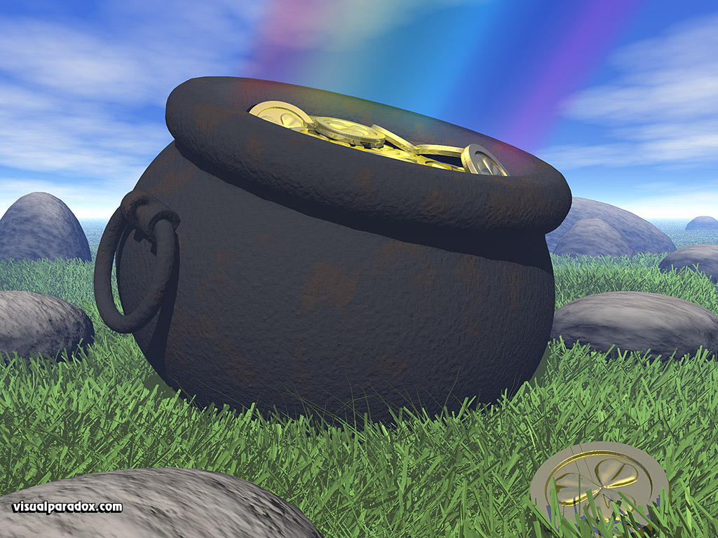 coins, rainbow, st. patricks, holiday, grass, kettle, shamrocks, end, 3d, wallpaper