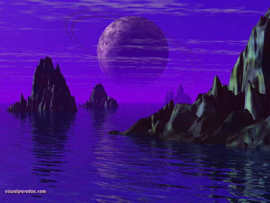 ringed planet, ocean, sea, rocks, spires, horizon, saturn, 3d, wallpaper